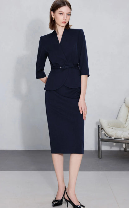 Two-Piece Suit For Women, Navy Blue Luxury Fashion Workplace Two-Piece Skirt Set, Minimalist Elegant Three-Quarter Sleeve Design