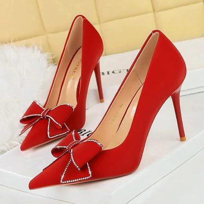 BIGTREE Fashion Korean Version 10cm High Heels Pumps Silk Shallow Pointed Toe Crystal Butterfly BowKnots Lady Red Purple Shoes