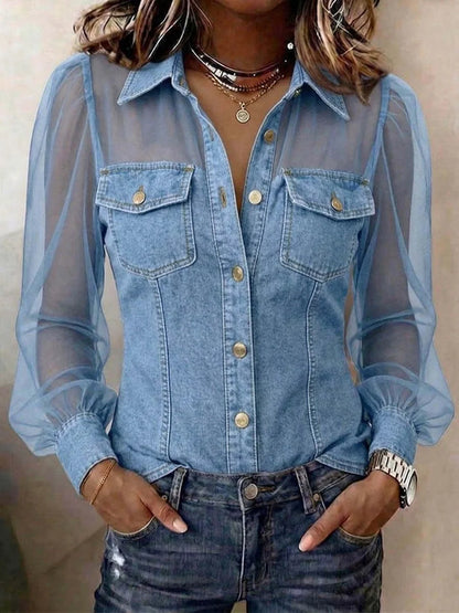 Casual Women's Denim Mesh Puff Sleeve Shirt Blue Jean Button Down Blouse with Pockets Sheer Sleeve Casual Vintage Blouse To