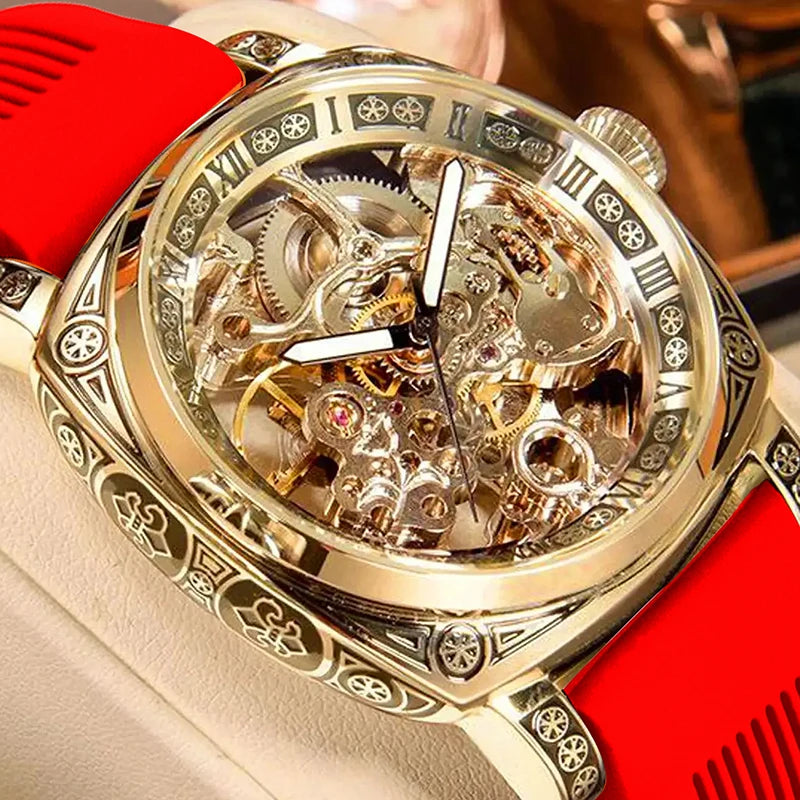 A MEN'S Black Zinc Alloy Business Style Luminous Carved Fully Automatic Tourbillon Hollow Mechanical Watch