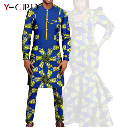 African Print Long Dresses for Women Matching Men Outfit Dashiki Top and Pant Sets Couples Clothes Kaftan Party Outwear Y23C054