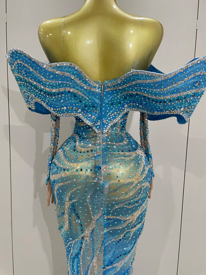 2025 Luxury Sparkly Rhinestones Blue Long Dress With Gloves Women Party Evening Birthday Dresses Celebrate Stage Catwalk Gowns
