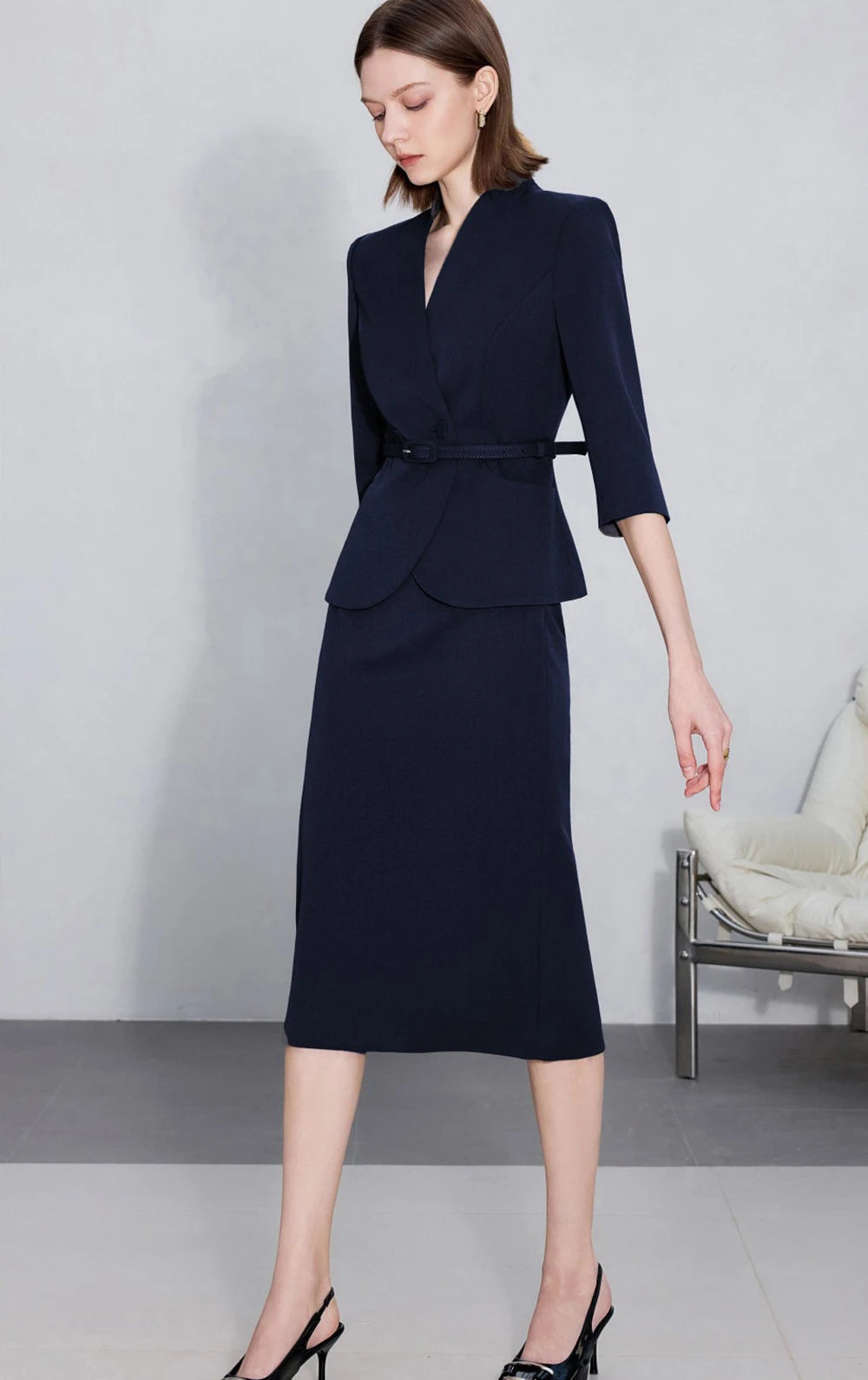 Two-Piece Suit For Women, Navy Blue Luxury Fashion Workplace Two-Piece Skirt Set, Minimalist Elegant Three-Quarter Sleeve Design