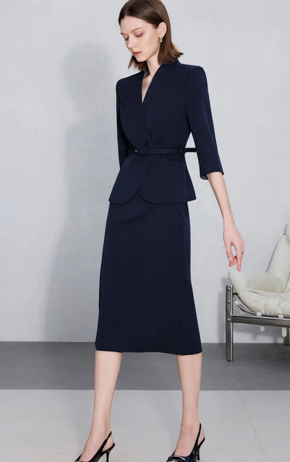 Two-Piece Suit For Women, Navy Blue Luxury Fashion Workplace Two-Piece Skirt Set, Minimalist Elegant Three-Quarter Sleeve Design