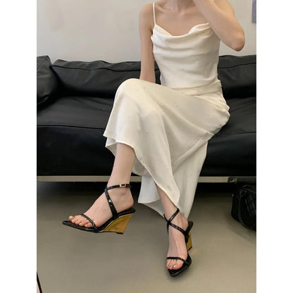 Street Style Design Wedges Heels Women Sandals Buckle Strap Pointed Toe Banquet Shoes Summer Ladies Pumps