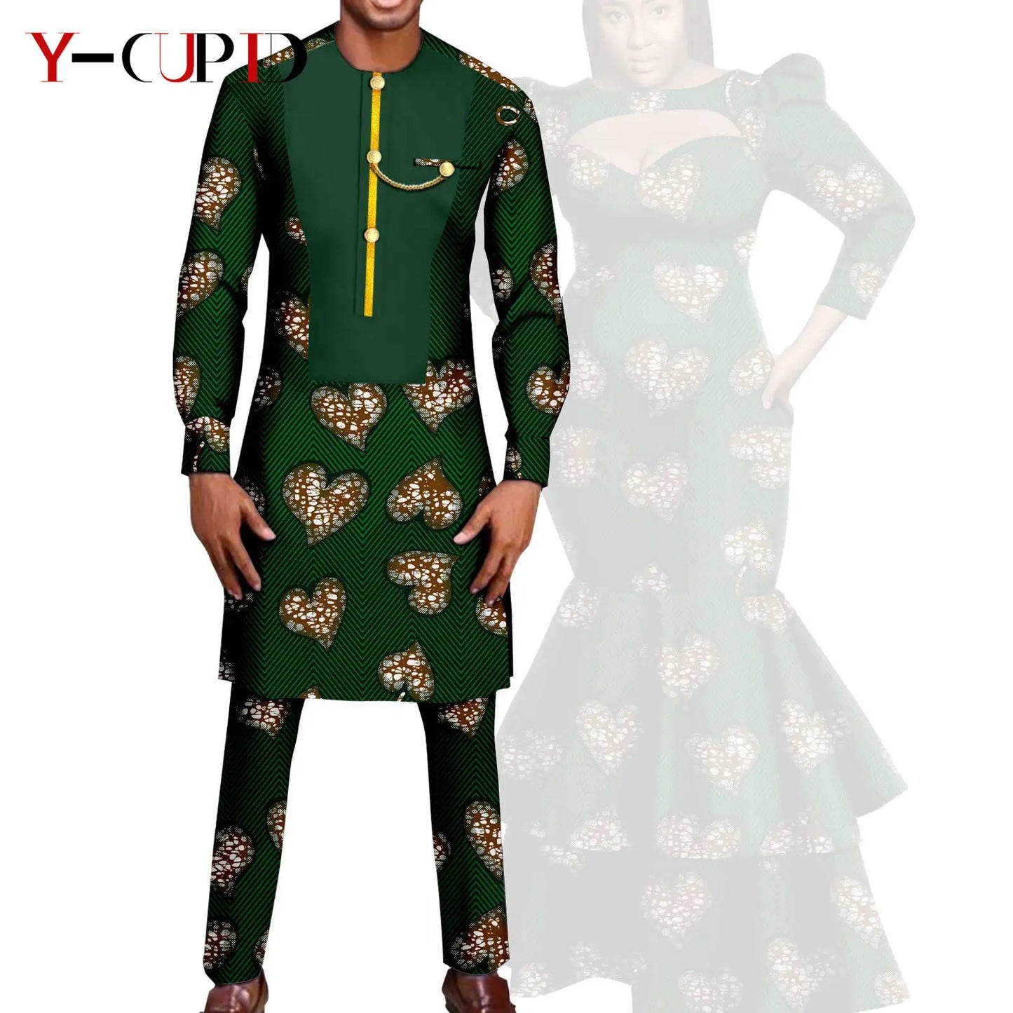 African Print Long Dresses for Women Matching Men Outfit Dashiki Top and Pant Sets Couples Clothes Kaftan Party Outwear Y23C054