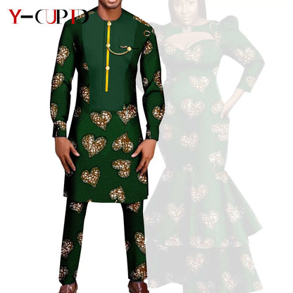 African Print Long Dresses for Women Matching Men Outfit Dashiki Top and Pant Sets Couples Clothes Kaftan Party Outwear Y23C054
