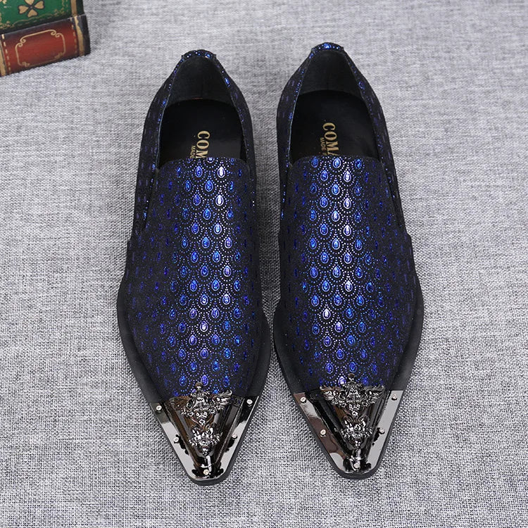 2024 Western Fashion Pointed Metal Toe Dress Shoes Blue Grey Party Wedding Leather Shoes for Men
