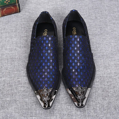 2024 Western Fashion Pointed Metal Toe Dress Shoes Blue Grey Party Wedding Leather Shoes for Men