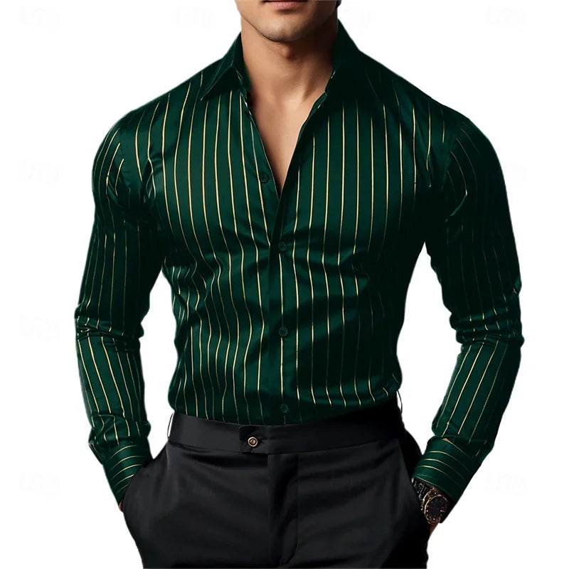Men's Striped Long-Sleeved Shirt, Business Casual, Versatile, with Lapel Collar and Button Design, Available in 19 Colors.