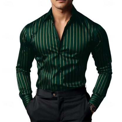 Men's Striped Long-Sleeved Shirt, Business Casual, Versatile, with Lapel Collar and Button Design, Available in 19 Colors.
