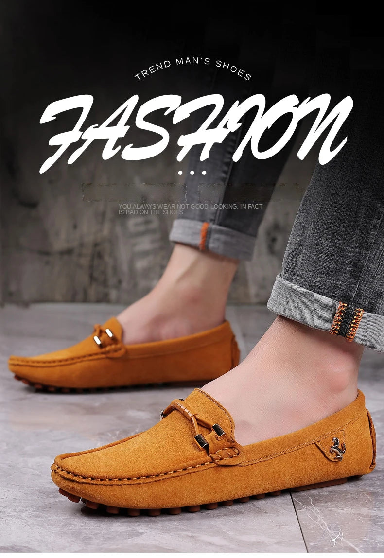 Men Genuine Leather Driving Shoes Metal Buckle Moccasins Slip-On Casual Loafers Men's Comfortable Flats Mocasines