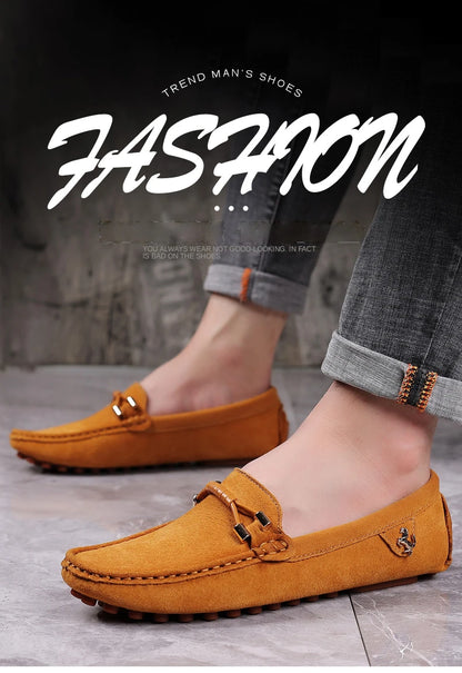 Men Genuine Leather Driving Shoes Metal Buckle Moccasins Slip-On Casual Loafers Men's Comfortable Flats Mocasines