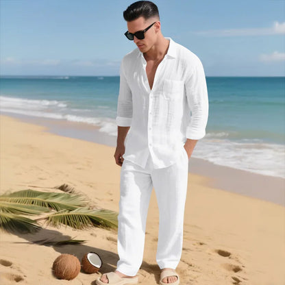 The 2026 Summer Men's linen short-sleeved shirt set is a two-piece long pants set suitable fordaily casual beach vacations 2Pcs