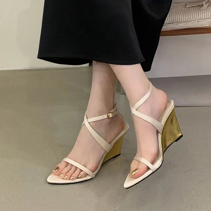 Wedges Sandals High Heels Shoes For Women New In Summer Spring Ankle Strap Luxury Thick Soled Shoes Party Ladies Heeled Sandals