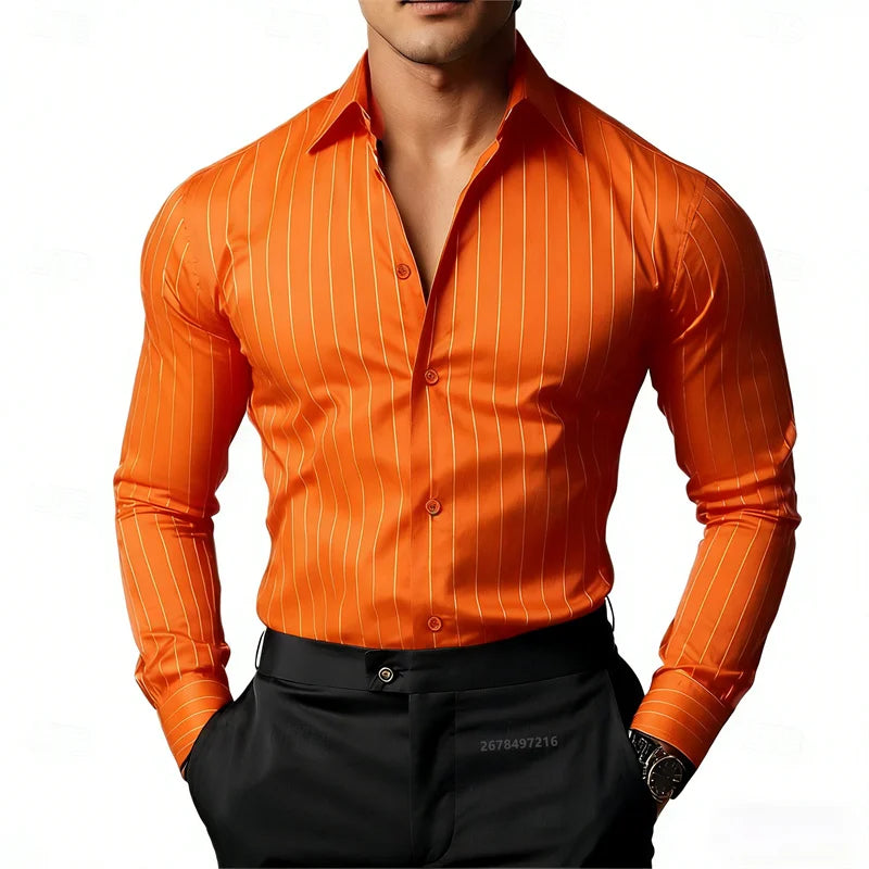 Men's Striped Long-Sleeved Shirt, Business Casual, Versatile, with Lapel Collar and Button Design, Available in 19 Colors.