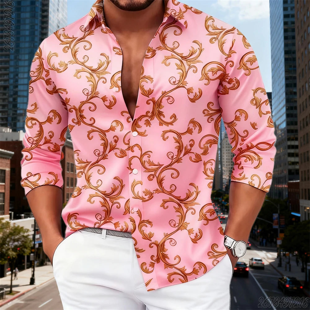 16 Colors Men's Luxury Baroque Gold Pattern Long-Sleeved Shirt Fashionable Retro Print Comfortable Non-Iron Large Size Top