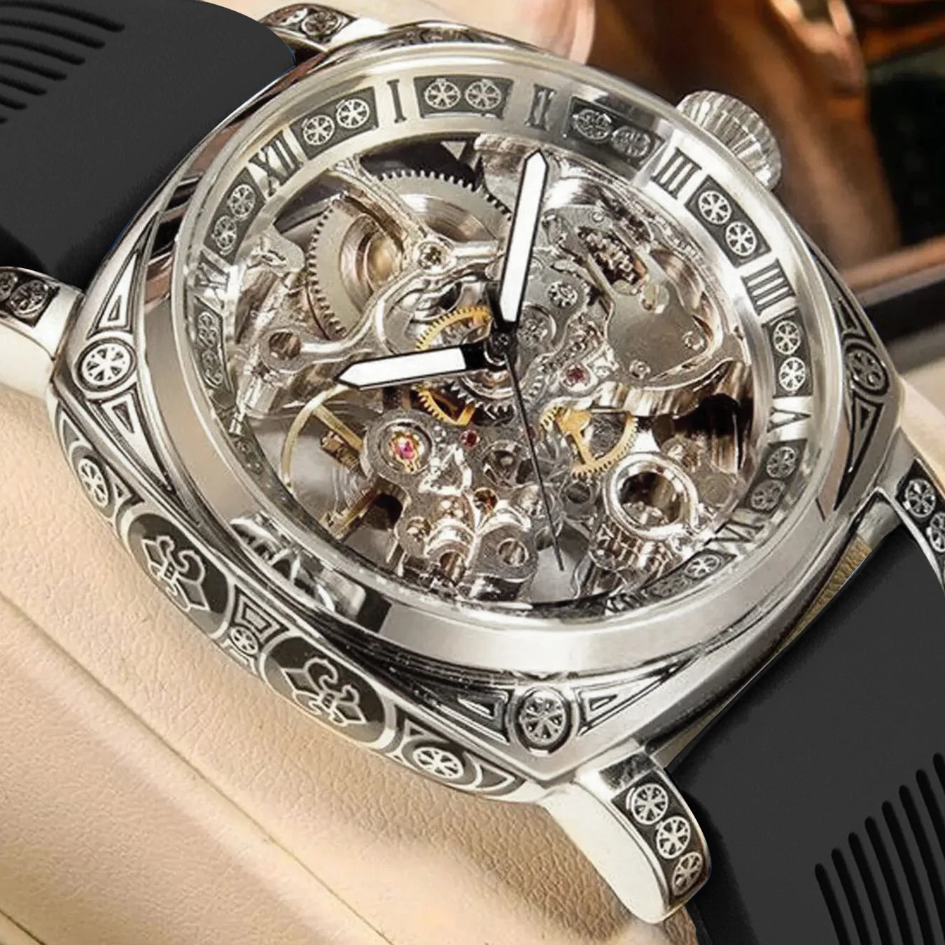 A MEN'S Black Zinc Alloy Business Style Luminous Carved Fully Automatic Tourbillon Hollow Mechanical Watch
