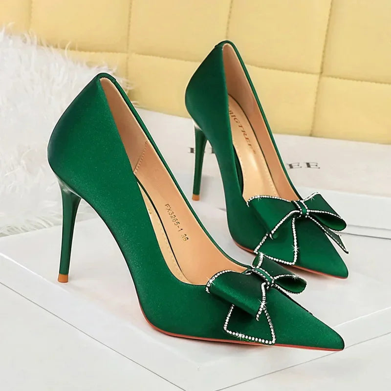 BIGTREE Fashion Korean Version 10cm High Heels Pumps Silk Shallow Pointed Toe Crystal Butterfly BowKnots Lady Red Purple Shoes