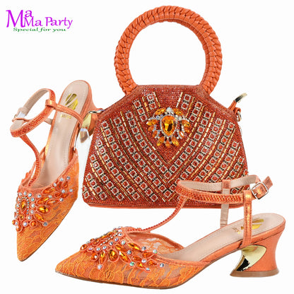 Gold Color New Arrivals Italian Design Nigerian Women Shoes and Bag Set Pointed Toe Slipper with Shinning Crystal for Party