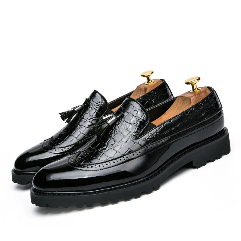 2026 New Lazy Man Slip-On Bean Shoes Men's Business Casual Crocodile Print 46 Large Size Fringed Leather Shoes Men