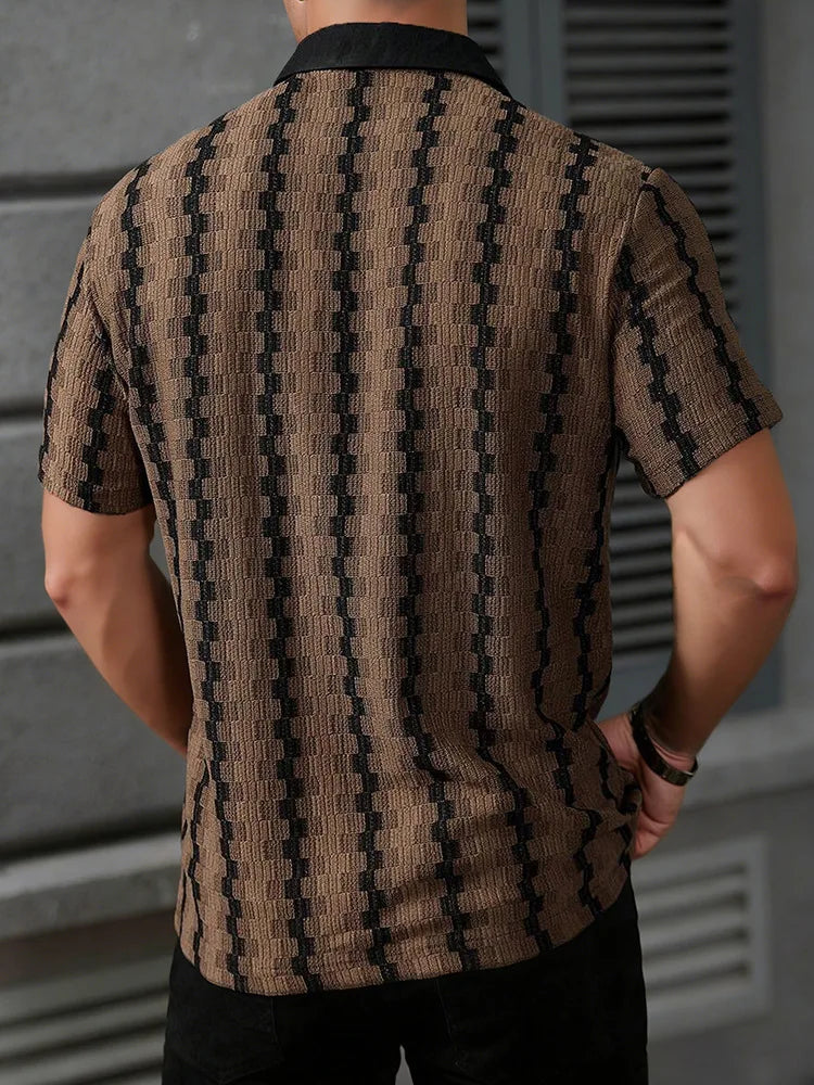 Summer Men's Knit Short Sleeve Shirt, Vintage Plaid Pattern Casual Button Up Top, Breathable Textured Fabric for Daily Vacation