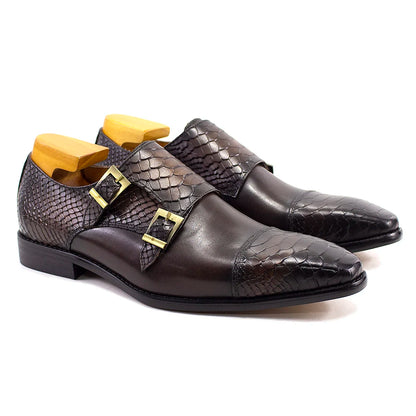 Luxury Double Buckle Monk Strap Men's Dress Shoes Genuine Leather Classic Crocodile Pattern Formal Business Office Footwear