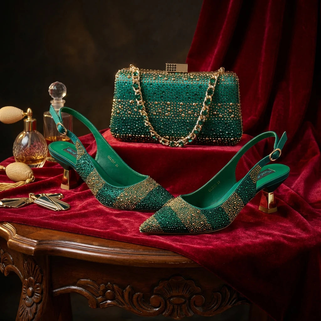 2026 Nigerian Women Heel Ladies Italian Luxury Design Green Shoes And Bag Set Decorated with Rhinestone Handbag Wedding Party