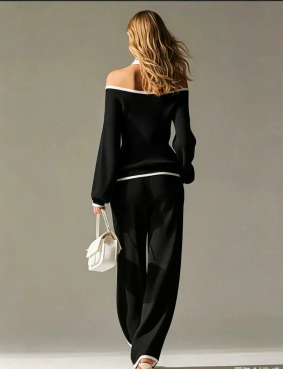 Women Sexy Off-shoulder Long-sleeved T-shirt Trousers 2piece Set Fashion Loose Elegant Color-blocked Pocket Trousers Female Suit