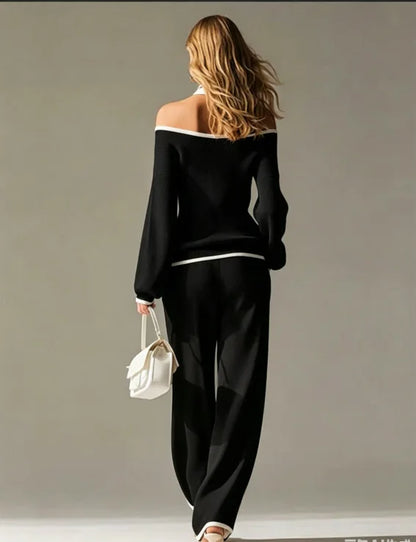 Women Sexy Off-shoulder Long-sleeved T-shirt Trousers 2piece Set Fashion Loose Elegant Color-blocked Pocket Trousers Female Suit