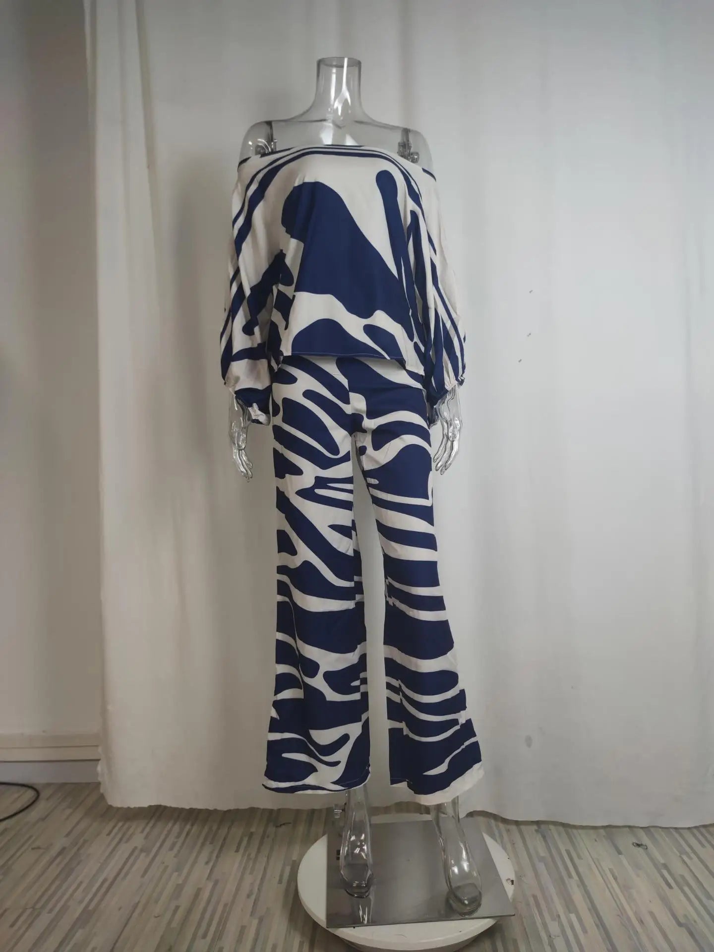 VEITCHE Women Print Outfit  Sleeve Off Shoulder Long Sleeve Blouse Office Lady 2 Piece Sets Spring Autumn Wide Leg Pants Suit