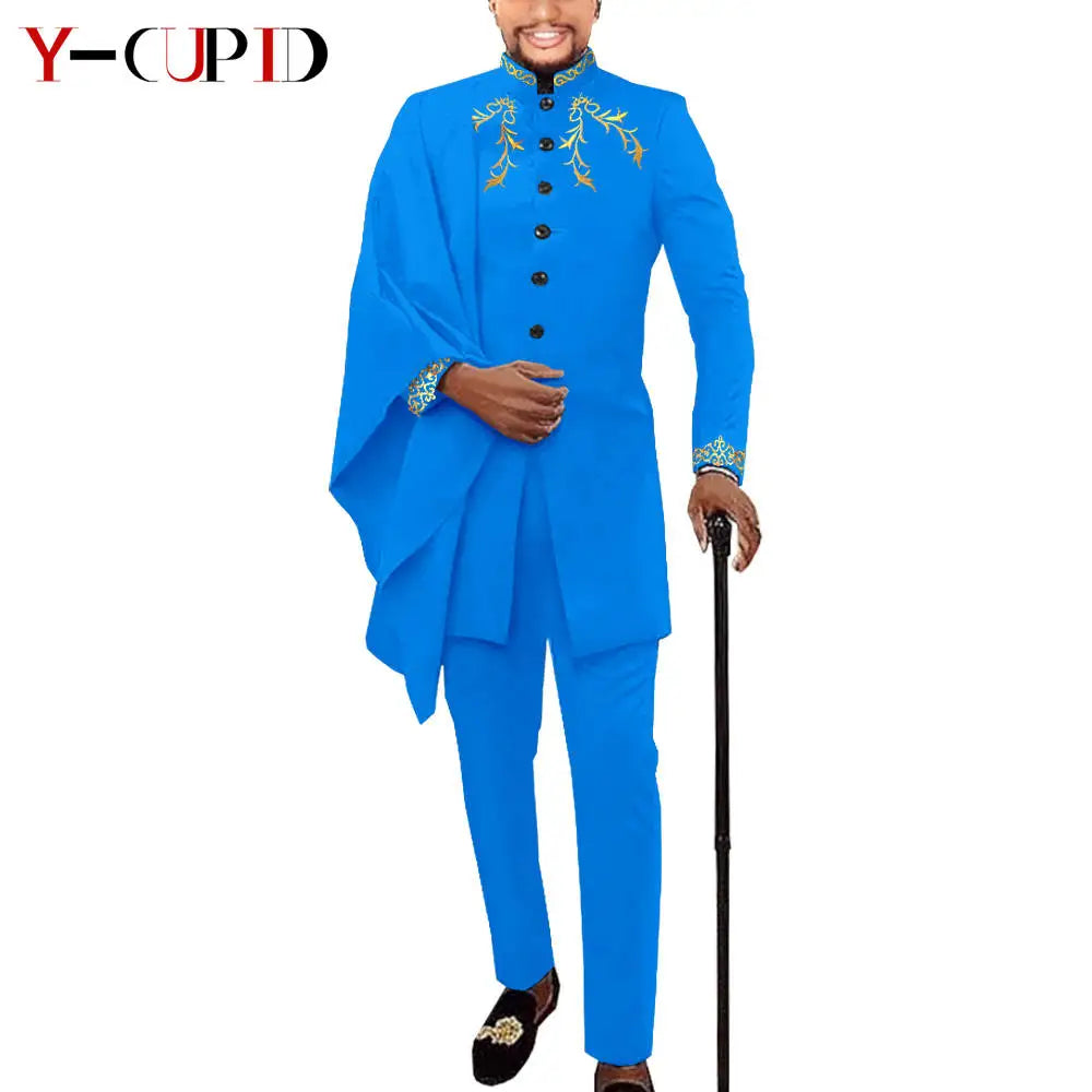 African Couple Matching Clothes for Wedding Women Slim Mermaid Dress Bazin Riche Men Irregular Jacket Pant Sets with Hat Y23C011