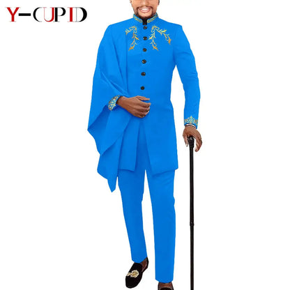 African Couple Matching Clothes for Wedding Women Slim Mermaid Dress Bazin Riche Men Irregular Jacket Pant Sets with Hat Y23C011