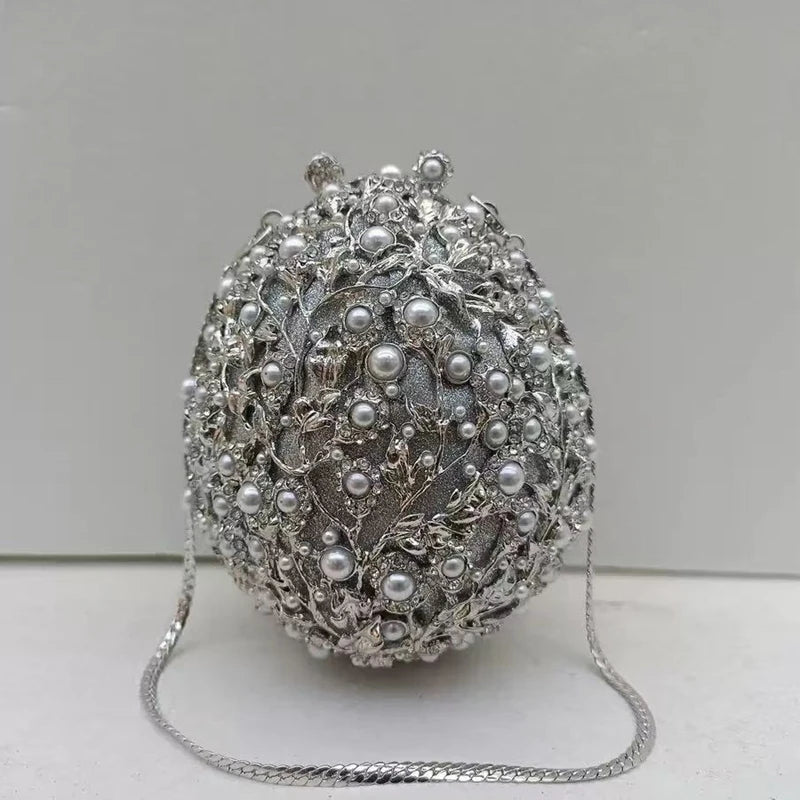 XIYUAN Female Oval Shaped Diamond Evening Bags Lady Hollow-out Metalic Handbags Pearl Wedding Party Clutches Gold Crystal Purse