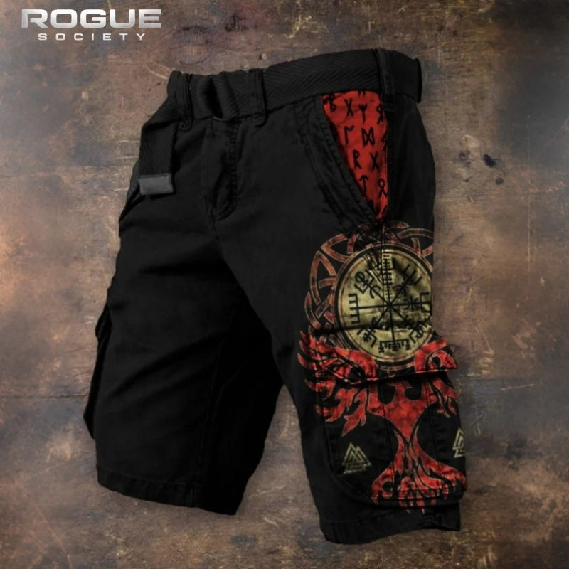 Norse Raven Printed Cargo Shorts Men Y2K Gothic Viking Embroidery Tree Graphic Harajuku Streetwear Loose Washed Summer Bottoms