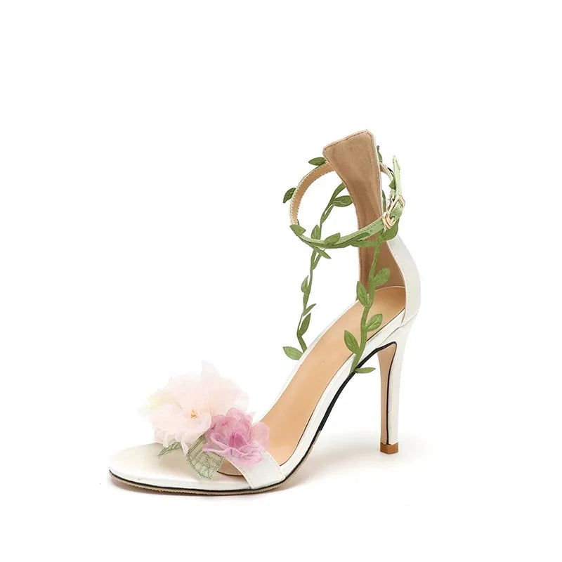 2025 summer new open toed slim heel pink flower fairy style buckle with high heels wedding shoes women's sandals