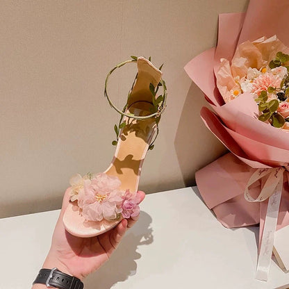 2025 summer new open toed slim heel pink flower fairy style buckle with high heels wedding shoes women's sandals