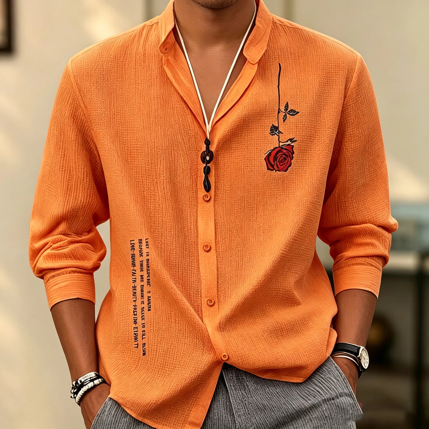Men's stand-up collar three-quarter sleeve shirt, short print breathable shirt, loose-fitting cardigan for summer vacation.