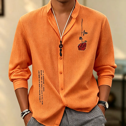 Men's stand-up collar three-quarter sleeve shirt, short print breathable shirt, loose-fitting cardigan for summer vacation.