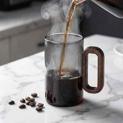 6pcs Borosilicate Glass Coffee Mug with Walnut Handle - 12oz Elegant Black Tumbler for Hot & Cold Drinks, Modern Office Tea Cup, Dishwasher Safe, 2.76" Diameter (360ml)