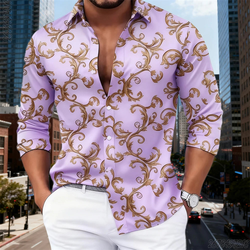 16 Colors Men's Luxury Baroque Gold Pattern Long-Sleeved Shirt Fashionable Retro Print Comfortable Non-Iron Large Size Top