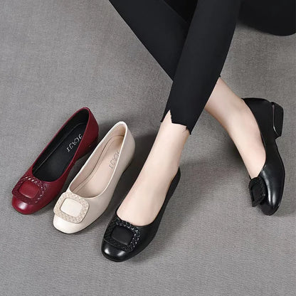 Soft Pu Leather Women's Low Heel Shoes Shallow Mouth All-match Comfortable Pumps Thick Heels Ladies Work Small Leather Shoes