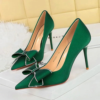 BIGTREE Fashion Korean Version 10cm High Heels Pumps Silk Shallow Pointed Toe Crystal Butterfly BowKnots Lady Red Purple Shoes