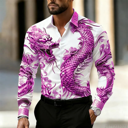 Men's shirt long sleeve shirt Chinese dragon HD pattern 3D printing lapel fashion casual street top, high quality fabric