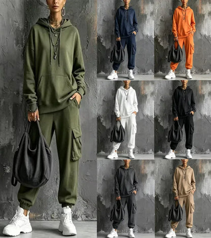 Autumn Winter New Casual Solid Color Hooded Sweatshirt Trousers Set 2026 Fashion Pocket Loose Sports Trousers Female 2 Piece Set