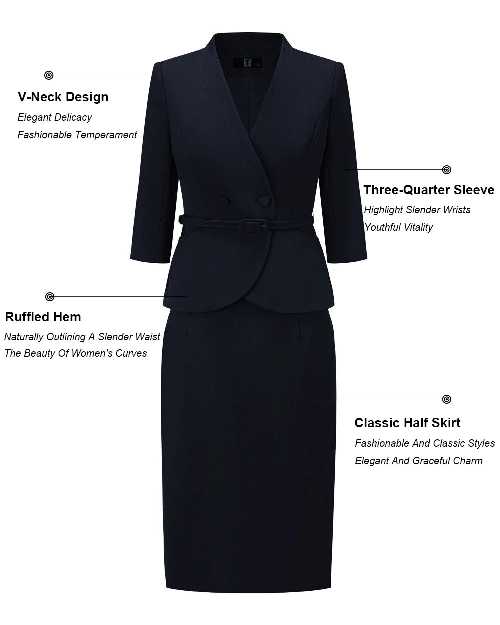 Two-Piece Suit For Women, Navy Blue Luxury Fashion Workplace Two-Piece Skirt Set, Minimalist Elegant Three-Quarter Sleeve Design