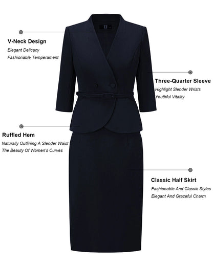 Two-Piece Suit For Women, Navy Blue Luxury Fashion Workplace Two-Piece Skirt Set, Minimalist Elegant Three-Quarter Sleeve Design