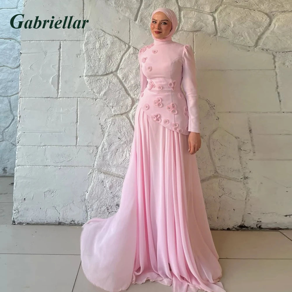 Gabriellar Trendy 3D Appliques Celebrity Dress Kuwait Full Sleeves High Neck Chiffon Formal Party Maxi Gown for Women Customized