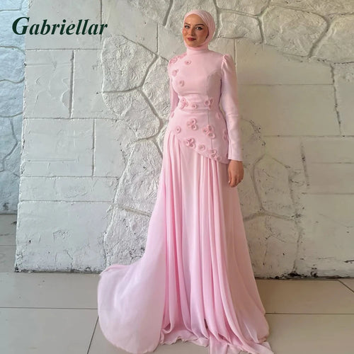 Gabriellar Trendy 3D Appliques Celebrity Dress Kuwait Full Sleeves High Neck Chiffon Formal Party Maxi Gown for Women Customized