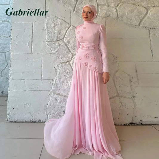 Gabriellar Trendy 3D Appliques Celebrity Dress Kuwait Full Sleeves High Neck Chiffon Formal Party Maxi Gown for Women Customized